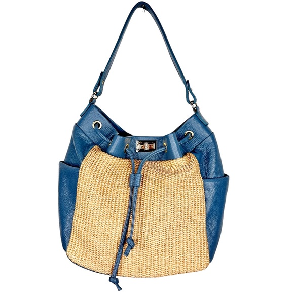 Unica Firenze NEW Italian Leather + Straw Bag Purse Sky Blue - Picture 16 of 16